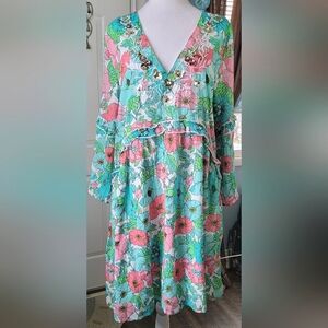 Boston Proper Bouquet Of Summer Peasant Dress Women's M Embellished V Neck Cotto